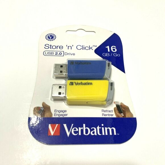 Verbatim 2 Pack 16GB Store ‘n’ Click USB Flash Drive Blue and Yellow New Sealed - Picture 3 of 8